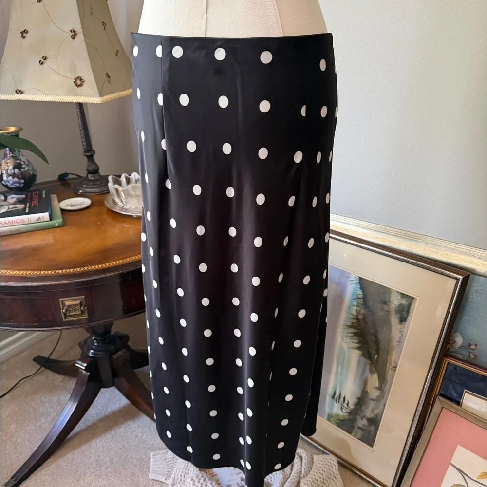 Black White Polka Dot Satin Midi Skirt Size Medium J.Cre